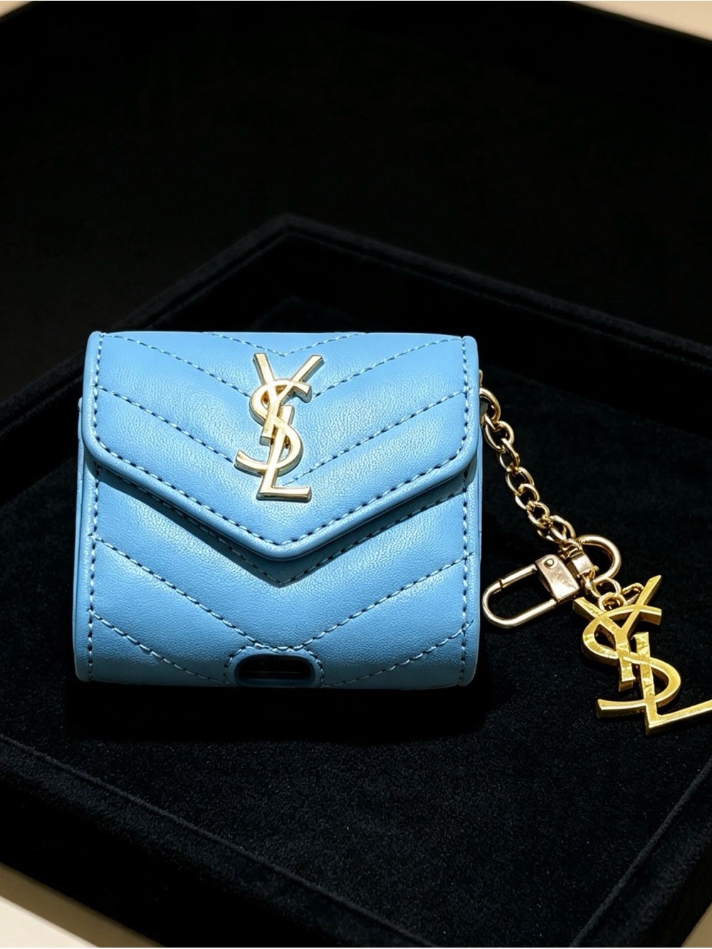 Saint Laurent Light Blue Quilted Leather Key Case with Gold YSL Charm